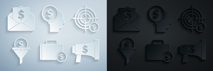 Set Briefcase and money, Target with dollar symbol, Lead management, Megaphone, Business planning mind and Envelope coin icon. Vector