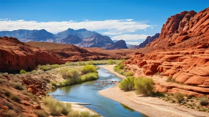  A rugged, red rock canyon with a winding river © Cloudyew