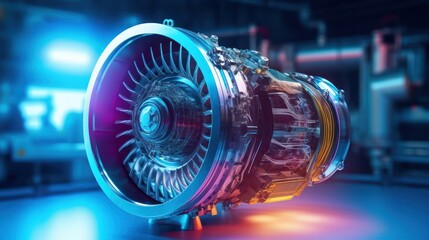 Futuristic cyberpunk glowing turbine turbo fan and engine the jet plane