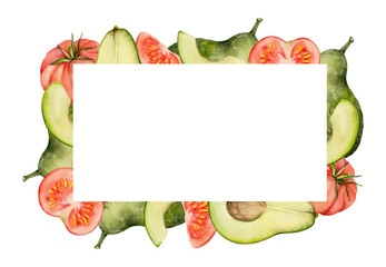 Hand drawn watercolor green avocado, tomato vegetable diet healthy lifestyle, vegan cooking. Illustration rectangular border frame isolated white background. Design poster, print, website, card, menu