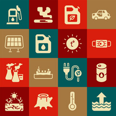 Set Rise in water level, Barrel oil, Medical protective mask, Bio fuel canister, Canister for gasoline, Solar energy panel, Petrol station and Sun icon. Vector