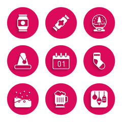 Set Calendar, Wooden beer mug, Christmas lights, stocking, Snowfall, Santa Claus hat, snow globe and Beer can icon. Vector