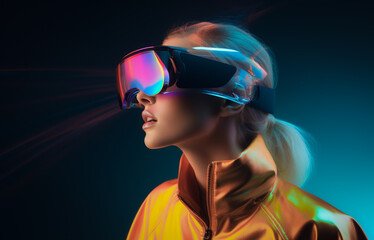 Woman Using a VR Virtual Reality Headset Smart Glasses.
