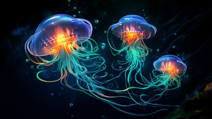 Fototapeta premium Glowing bioluminescent creatures in the ocean depths