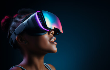 Woman Using a VR Virtual Reality Headset Smart Glasses.