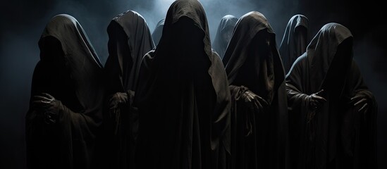 Nine mysterious figures in hooded cloaks in darkness With copyspace for text