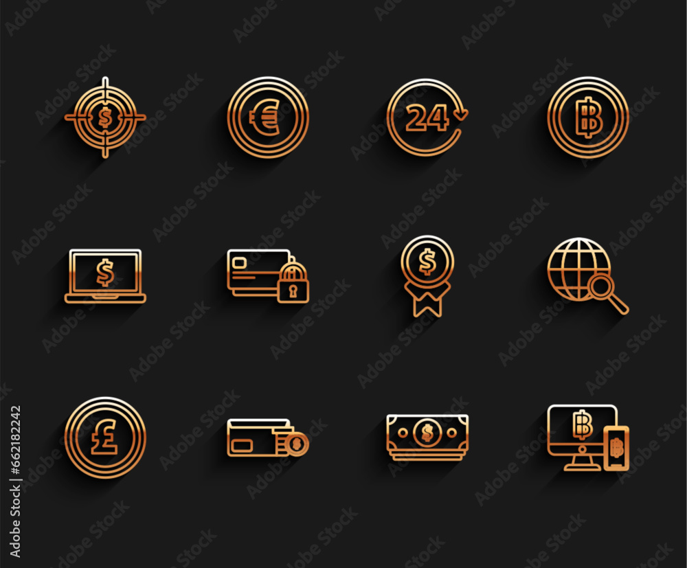 Canvas Prints Set line Coin money with pound sterling symbol, Target, Stacks paper cash, Computer monitor mobile phone and bitcoin, Credit card lock, Magnifying glass globe and Reward for good work icon. Vector