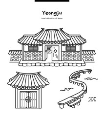 This illustration is a representative landmark of Yeongju, Korea. It is a single-wood bridge in the village of Musum and Hanok (gigajip) where the scholars lived.