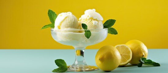Refreshing summer dessert made of lemon sorbet balls served in a glass With copyspace for text