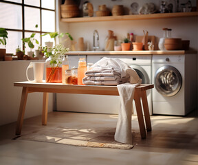 minimalist kitchen, a basket overflows with an assortment of dirty clothes, signaling laundry day