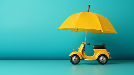 The umbrella and toy bike signify vehicle insurance, protecting your car like an umbrella shields from rain, securing against unexpected damages and costs.