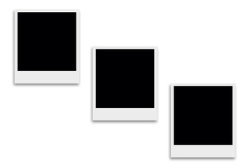 3 Blank square photo frames template with white borders in a diagonal layout. Used as a printable photo collage or a mock up for album pictures or photographs collection in a classic old style.