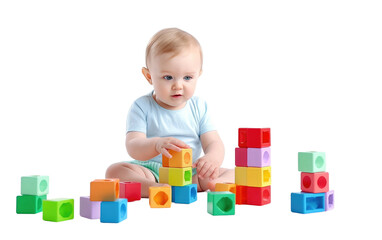 Cute Baby Busy Arranging Soft Building Blocks Closeup Isolated on Transparent Background PNG.