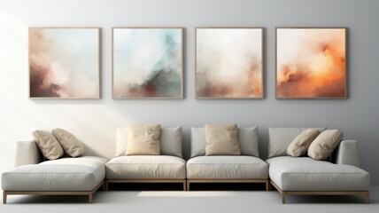 Grey sofas with four abstract acrylic paintings on the wall created with Generative AI