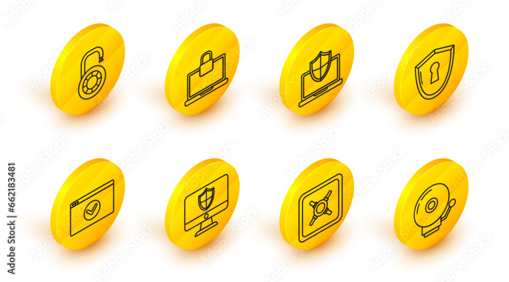 Poster set line ringing alarm bell, safe, computer monitor and shield, secure your site with https, ssl, sh