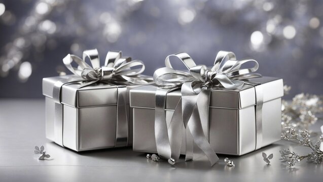 Wrapped grey Gift boxes with white ribbon on grey Stock Photo by katrinshine