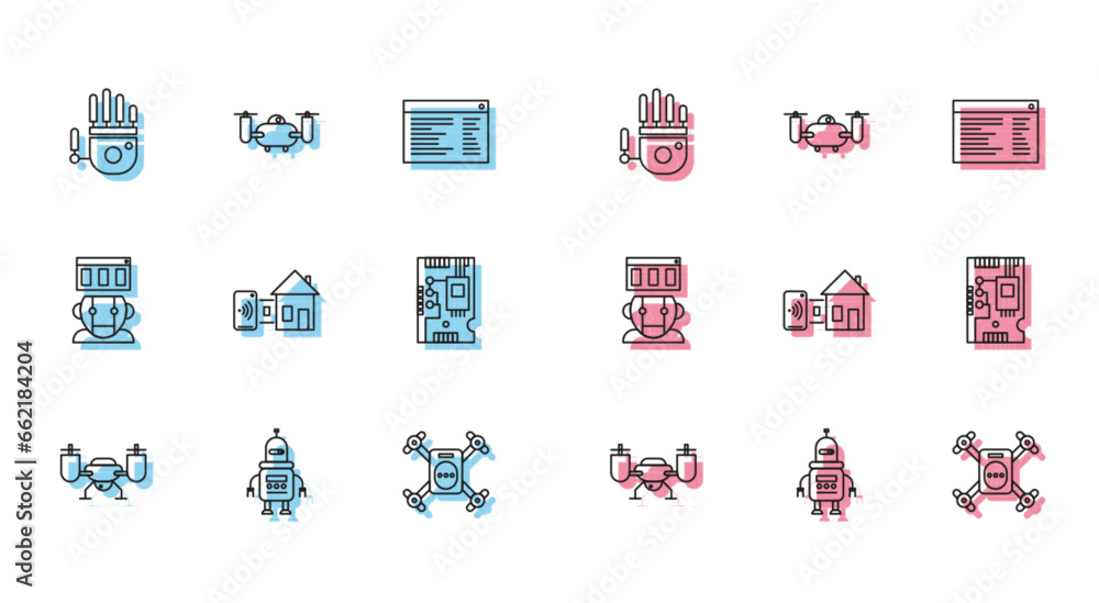Poster set line drone flying with action camera, robot, mechanical robot hand, smart home, electronic compu