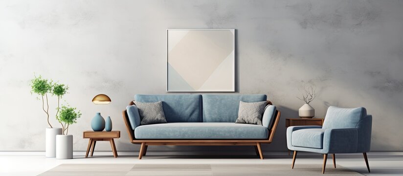 Photo of a stylish living room with blue furniture carpet and artwork on the wall With copyspace for text