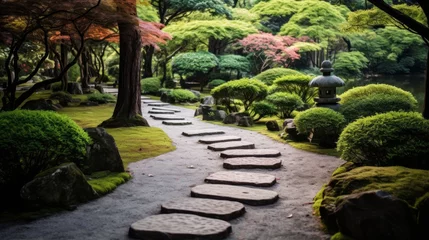 Tuinposter A peaceful meditation garden with a stone pathway © Cloudyew