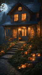 halloween house with pumpkins and moonlight