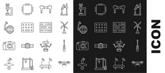 Set line Drone flying, Screwdriver, Wind turbine, Air headphones, Pills blister pack, Social network, Microscope and Server, Data, Web Hosting icon. Vector