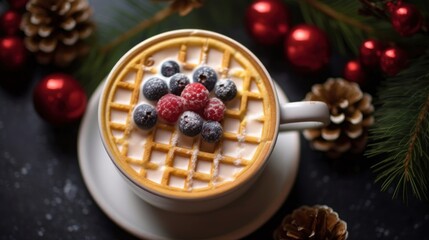 Cup of coffee with waffles decorated with fresh berries and Christmas decorations. Christmas Concept With a Copy Space.