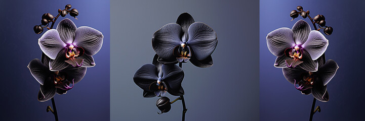 Banner  size, three black orchid  flower  with delicate petals on violet background., painting, frame, interior desig, pattern