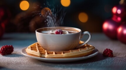 Cup of coffee with whipped cream and waffles on Christmas background. Christmas Concept With a Copy Space. - obrazy, fototapety, plakaty