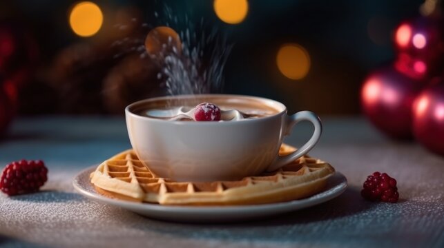 Cup of coffee with whipped cream and waffles on Christmas background. Christmas Concept With a Copy Space.