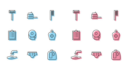 Set line Washing hands with soap, Underwear, Shaving razor, Bottles for cleaning agent, Toilet paper roll, of liquid antibacterial, Clipboard checklist and Toothbrush toothpaste icon. Vector