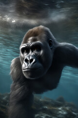 gorilla diving under water, generated by artificial intelligence