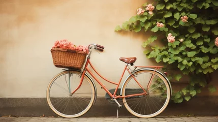 Fototapeten A classic bicycle with a woven basket, reminiscent of simpler times © Cloudyew