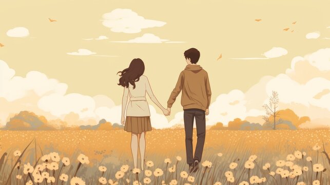 A cute illustration of a couple holding hands in a park