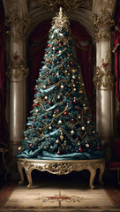 a large christmas tree is in front of a large ornate room
