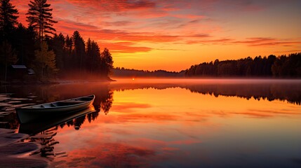 A peaceful sunrise over a calm lake