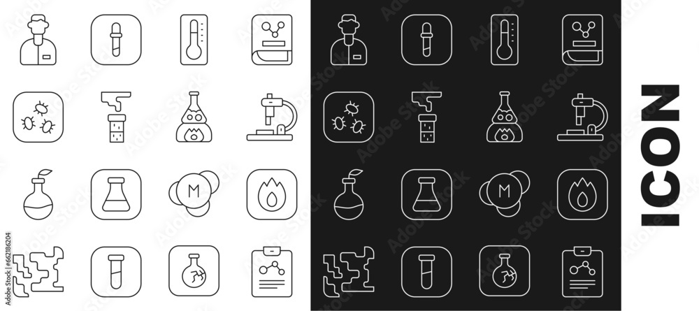 Wall mural Set line Chemistry report, Fire flame, Microscope, Medical thermometer, Test tube and flask, Bacteria, Laboratory assistant and on fire icon. Vector