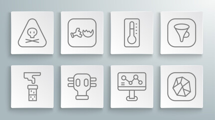 Set line Test tube and flask, Broken, Gas mask, Chemical formula, Salt stone, Medical thermometer, Funnel filter and Triangle warning toxic icon. Vector