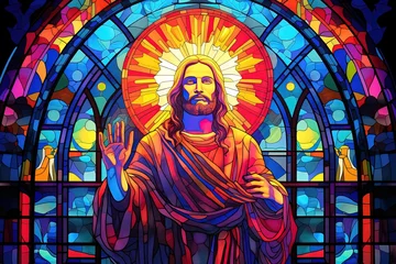 Papier Peint photo Coloré Jesus Christ Colorful in stained glass window background