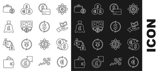 Set line Coin money with euro symbol, Money exchange, Hand holding, Credit card, Stacks paper cash, pound, Wallet coins and Financial growth dollar icon. Vector