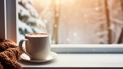 Foto op Canvas A soothing cup of hot cocoa by a winter window © Cloudyew