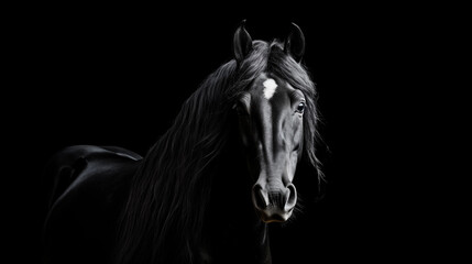 Obraz na płótnie Canvas Close-up portrait of a horse on a black background.