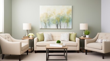 A therapist's office with soothing colors and comfortable seating