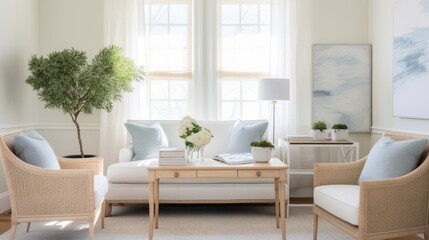 A therapist's serene office with soft, inviting furnishings