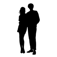 Vector silhouettes of  man and a woman, a couple standing   business people, black  color isolated on white background