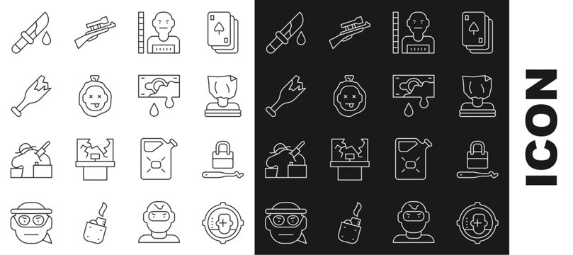 Set line Headshot, Lock picks for lock picking, Kidnaping, Suspect criminal, Murder, Broken bottle as weapon, Bloody knife and money icon. Vector