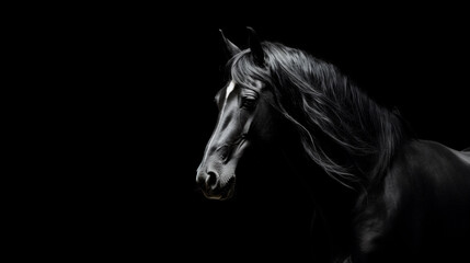 Naklejka na ściany i meble Close-up portrait of a horse on a black background.