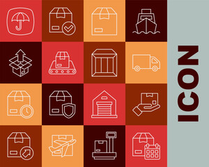 Set line Cardboard box with calendar, Delivery hand, cargo truck, Carton cardboard, Conveyor belt, Unboxing, package umbrella and icon. Vector