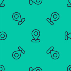 Blue line Map pin icon isolated seamless pattern on green background. Navigation, pointer, location, map, gps, direction, place, compass, search concept. Vector