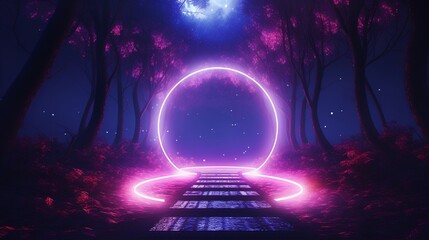 Abstract pathway with neon light circle reflecting