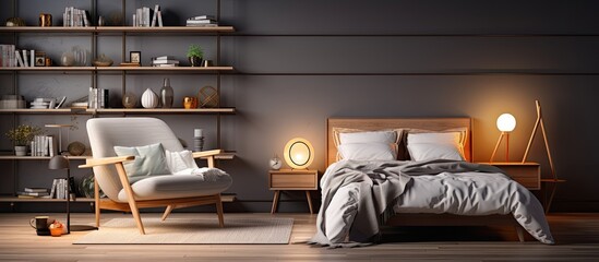 Nighttime bedroom with lamp armchair pictures above bed With copyspace for text